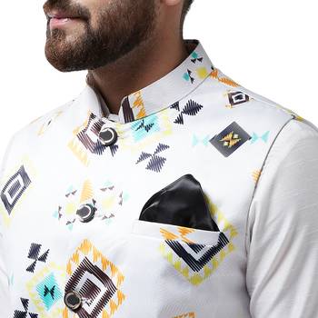 White Printed Satin Nehru Jacket 4