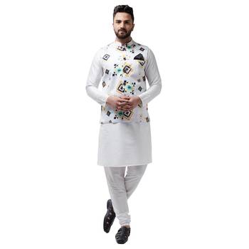 White Printed Satin Nehru Jacket 5
