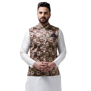 Brown Printed Satin Nehru Jacket 1