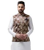 Brown Printed Satin Nehru Jacket