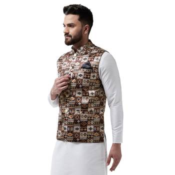 Brown Printed Satin Nehru Jacket 2