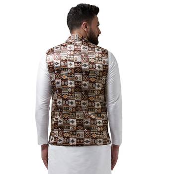 Brown Printed Satin Nehru Jacket 3