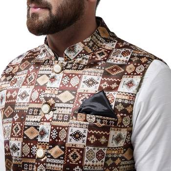 Brown Printed Satin Nehru Jacket 4