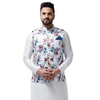 White Printed Satin Nehru Jacket 1