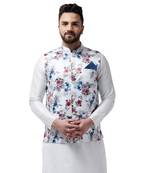 White Printed Satin Nehru Jacket