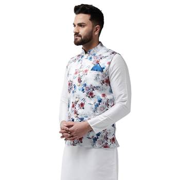 White Printed Satin Nehru Jacket 2