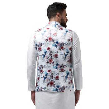 White Printed Satin Nehru Jacket 3