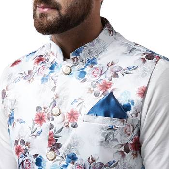 White Printed Satin Nehru Jacket 4