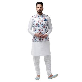 White Printed Satin Nehru Jacket 5
