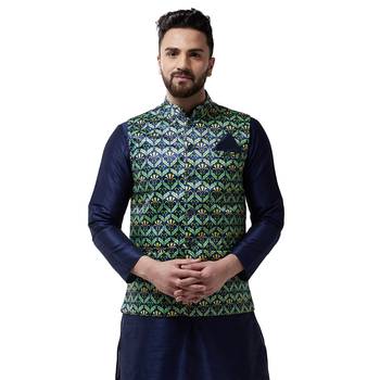 Blue Printed Satin Nehru Jacket 1