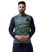 Blue Printed Satin Nehru Jacket