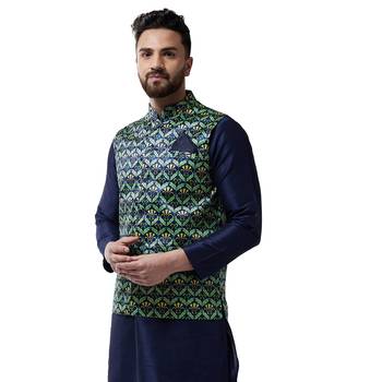 Blue Printed Satin Nehru Jacket 2
