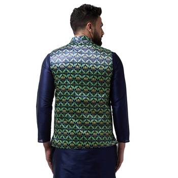 Blue Printed Satin Nehru Jacket 3