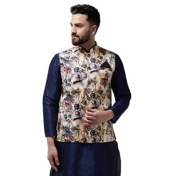 Beige Printed Satin Nehru Jacket 1