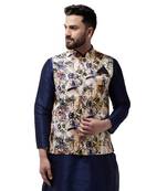 Beige Printed Satin Nehru Jacket