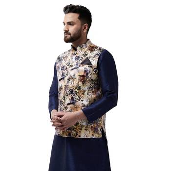 Beige Printed Satin Nehru Jacket 2