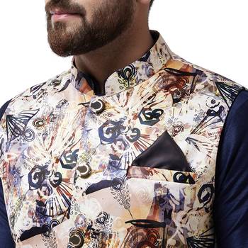 Beige Printed Satin Nehru Jacket 4