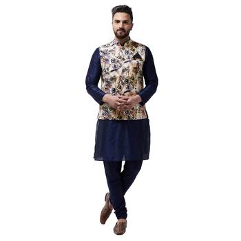Beige Printed Satin Nehru Jacket 5