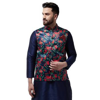 Blue Printed Satin Nehru Jacket 1