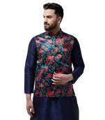 Blue Printed Satin Nehru Jacket
