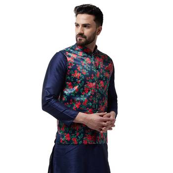 Blue Printed Satin Nehru Jacket 2