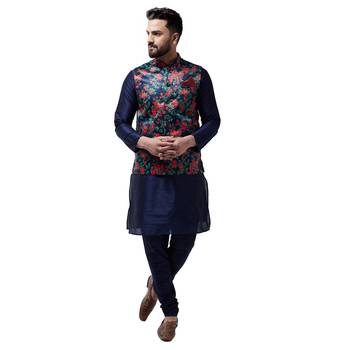 Blue Printed Satin Nehru Jacket 5
