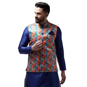 Orange Printed Satin Nehru Jacket 1