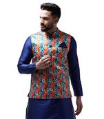 Orange Printed Satin Nehru Jacket