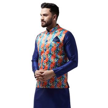 Orange Printed Satin Nehru Jacket 2