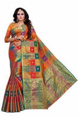 Orange woven silk blend saree with blouse 1