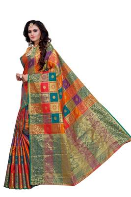 Orange woven silk blend saree with blouse 2