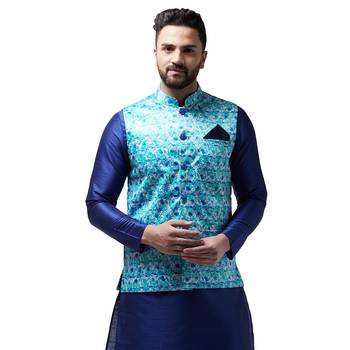 Blue Printed Satin Nehru Jacket 1