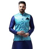 Blue Printed Satin Nehru Jacket
