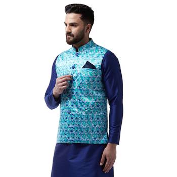 Blue Printed Satin Nehru Jacket 2