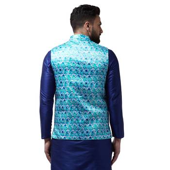 Blue Printed Satin Nehru Jacket 3
