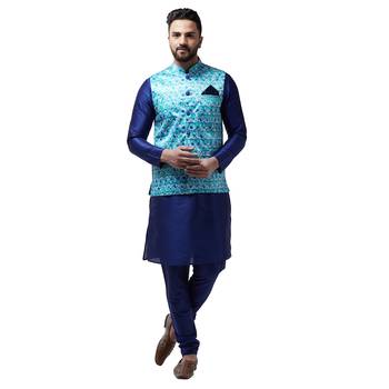 Blue Printed Satin Nehru Jacket 5