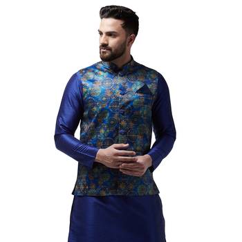Blue Printed Satin Nehru Jacket 1