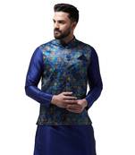 Blue Printed Satin Nehru Jacket