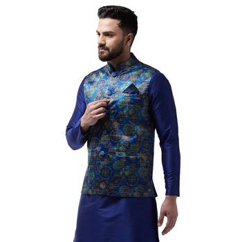 Blue Printed Satin Nehru Jacket 2