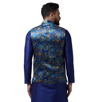 Blue Printed Satin Nehru Jacket 3