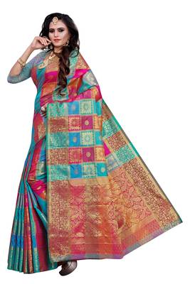 Sky blue woven silk blend saree with blouse 2