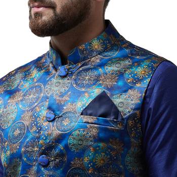 Blue Printed Satin Nehru Jacket 4