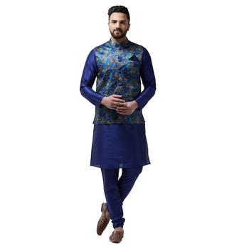 Blue Printed Satin Nehru Jacket 5