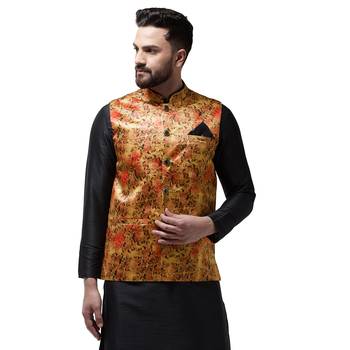 Gold Printed Satin Nehru Jacket 1