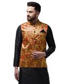 Gold Printed Satin Nehru Jacket