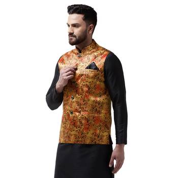 Gold Printed Satin Nehru Jacket 2