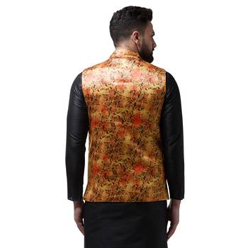 Gold Printed Satin Nehru Jacket 3
