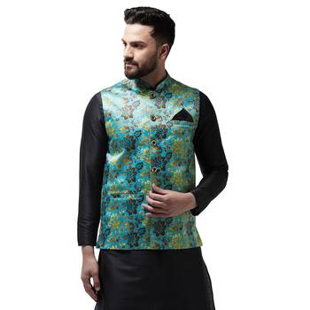 Blue Printed Satin Nehru Jacket 1