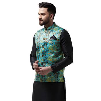 Blue Printed Satin Nehru Jacket 2