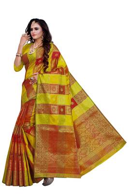 Lime woven silk blend saree with blouse 2